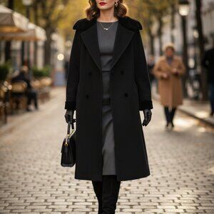 Vtg Lodenfrey Large Black 100% New Wool/Alpaca Wool Over Coat with Velvet Trim